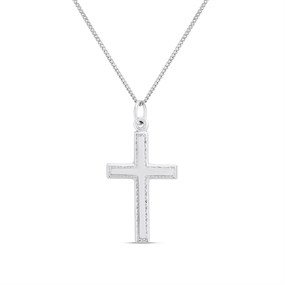 Silver Patterned Border Cross Pendant and Chain- 26mm - F3711