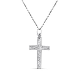 Silver Patterned Milgrain Border Cross necklace-26mm - F3713