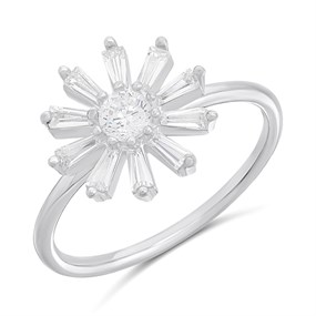 Silver Flower Baguette Ring - F60106
