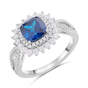 Silver Blue CZ and Clear CZ Cushion Ring - F60120