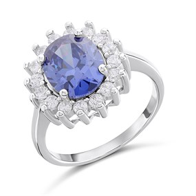 Silver Oval Simulated Tanzanite And CZ Halo Ring - F60122