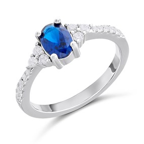 Silver Oval Simulated Sapphire And CZ Ring - F60126
