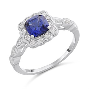 Silver Simulated Tanzanite CZ Vintage Style Ring - F60128