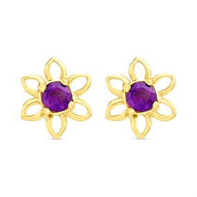9ct Gold Amethyst Flower Stud Earrings - 10mm - G0495