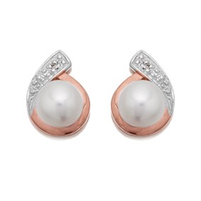 9ct Rose Gold Diamond And Freshwater Pearl Earrings - G0656