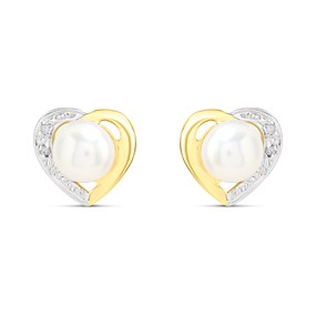 9ct Freshwater Pearl And Diamond Heart Stud Earrings - G0693