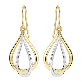 9ct Gold Two Colour Double Teardrop Hook Wire Earrings - 36mm drop - G1074