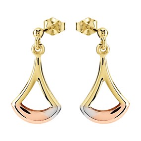 9ct Gold Three Colour Fan Drop Earrings - 20mm drop - G1075
