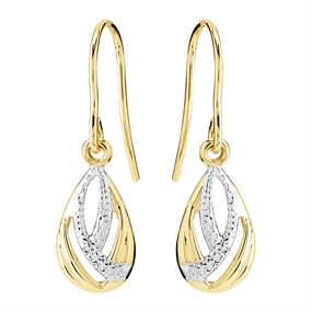 9ct Gold Two Colour Teardrop Hook Wire Earrings - 25mm drop - G1112