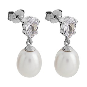 9ct White Gold Pearl And Cubic Zirconia Drop Earrings - 18mm drop - G14111