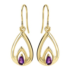 9ct Gold Amethyst Teardrop Hook Wire Earrings - 31mm drop - G1849
