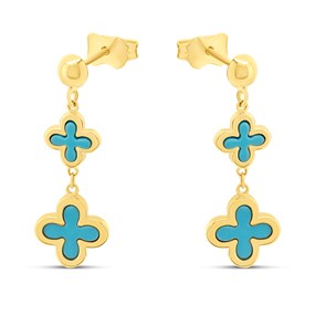 9ct Gold Synthetic Turquoise Flower Drop Earrings - G1857