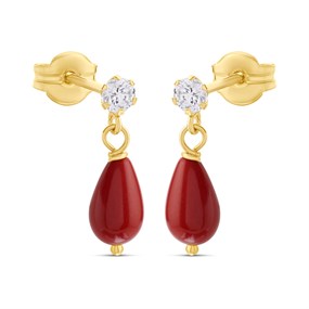 9ct Gold CZ And Coral Drop Earrings - G2888