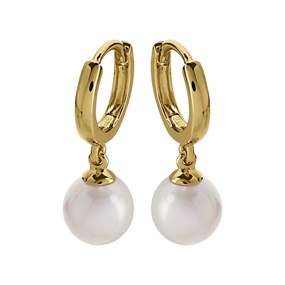 9ct Gold Freshwater Pearl Hoop Drop Earrings - 20mm drop - G3128