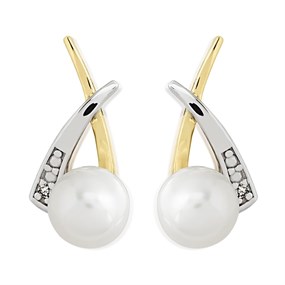 9ct Gold Two Colour Pearl And Diamond Stud Earrings - 13mm - G3135