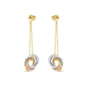 9ct Gold Three Colour Circle Drop Earrings - 40mm drop - G4818