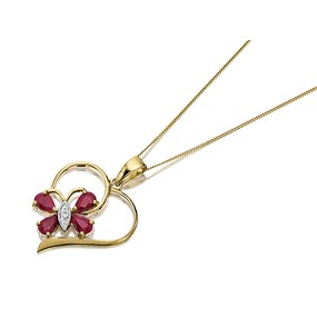 9ct Gold Ruby And Diamond Butterfly Heart Necklace - R8135