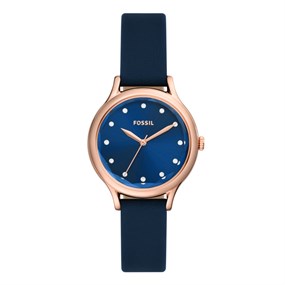 Fossil BQ3858 Laney Rose Tone Blue Dial Navy Leather Strap Watch - W10448