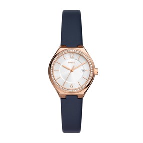 Fossil BQ3956 Eevie Rose Tone Navy Leather Strap Watch - W10471