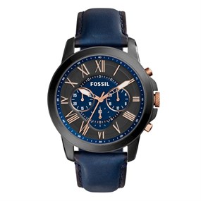 Fossil FS5061 Grant Chronograph Grey IP Blue Leather Strap Watch - W10537