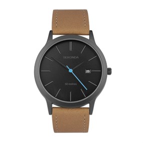 Sekonda 30133 Black IP Tan Leather Strap Watch - W31444