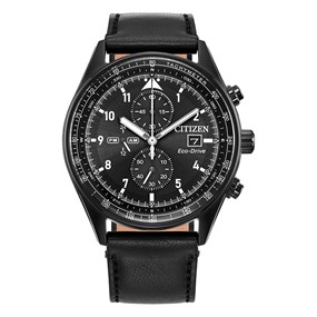 Citizen CA0775-01E Eco-Drive Chrono Blk IP Black Leather Strap Watch - W38539