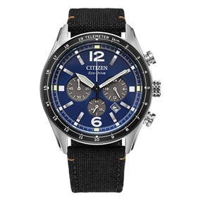 Citizen CA4654-12M Eco-Drive Chrono Stainless Steel Blue Dial Black Strap Watch - W38540