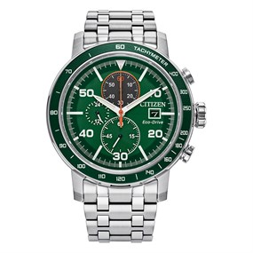 Citizen CA0851-56X Eco-Drive Chrono Stainless Steel Green Dial Bracelet Watch - W38541