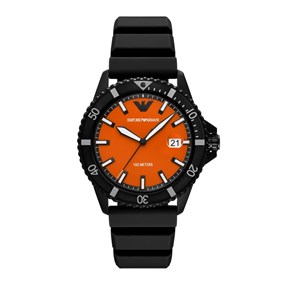 Emporio Armani AR11684 World Explorer Orange Dial Black Silicone Strap Watch - W62225