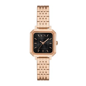 Armani Exchange AX5729 Rose Gold Tone Square Case Black Dial Bracelet Watch - W65550