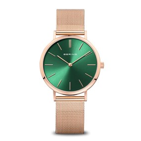 BERING 14134-368 Rose Tone Green Dial Mesh Bracelet Watch - W74264
