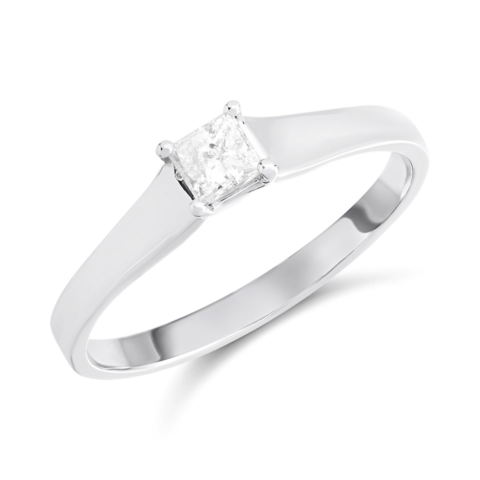 18ct White Gold Princess-Cut Diamond Single Stone Ring, 1/4ct - D0749