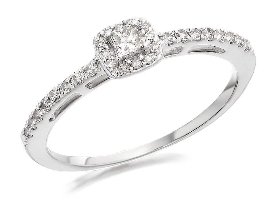 9ct White Gold Princess Cut Diamond Halo Cluster Ring 1/4ct D6891