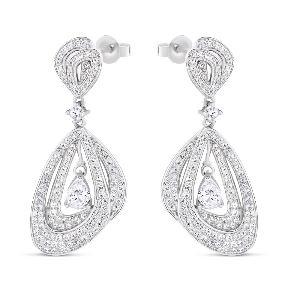Silver Cubic Zirconia Asymmetric Drop Earrings - 37mm drop - F1198