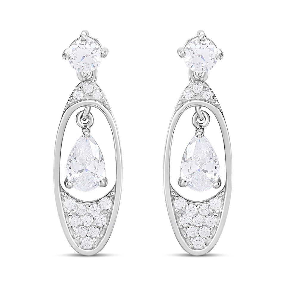 Silver Pear CZ Oval Drop Earrings- 24mm - F1232