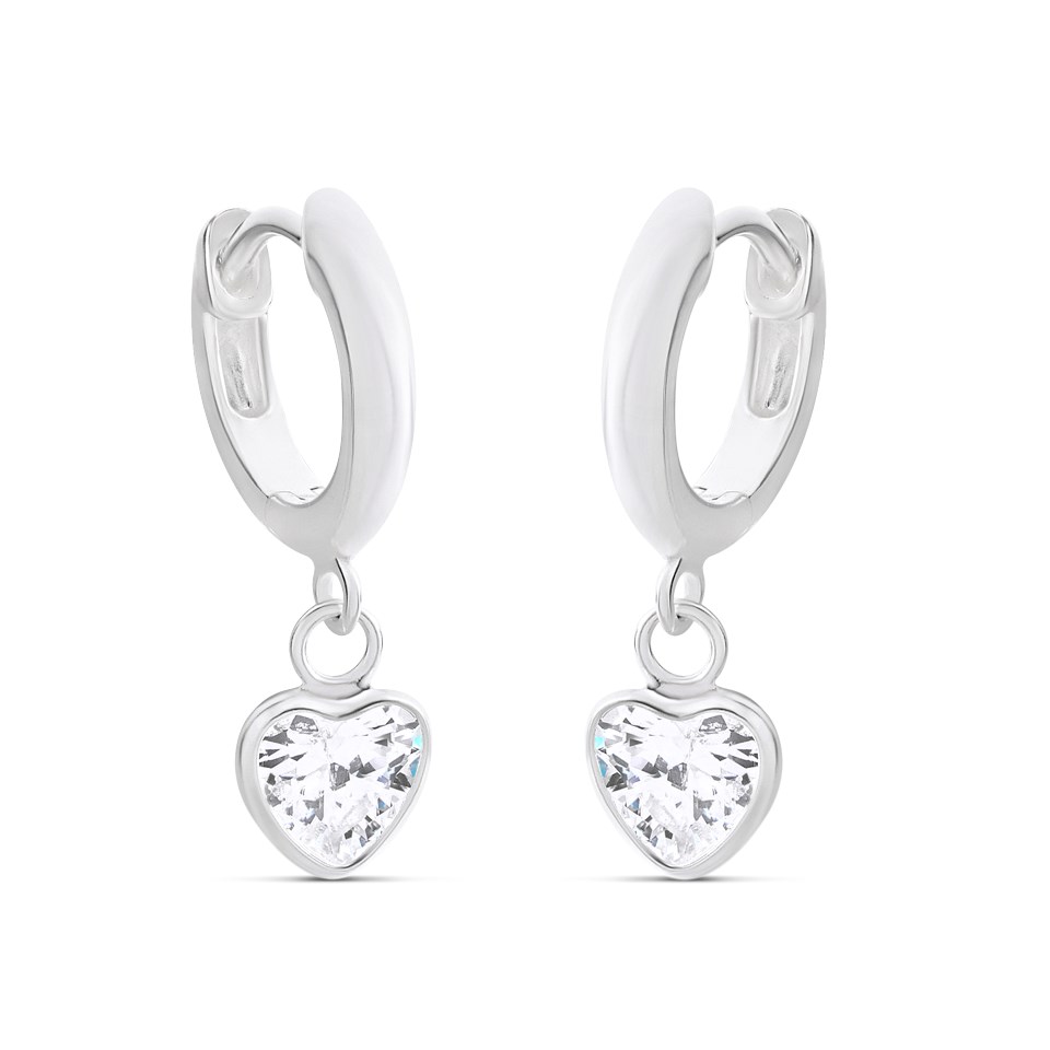 Silver Cubic Zirconia Heart Dropper Huggie Earrings - 11mm - F13133